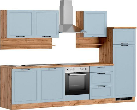 Küchenzeile Lara 300cm, Küche,Küchenblock,hellblau matt mit E-Geräten,Neu