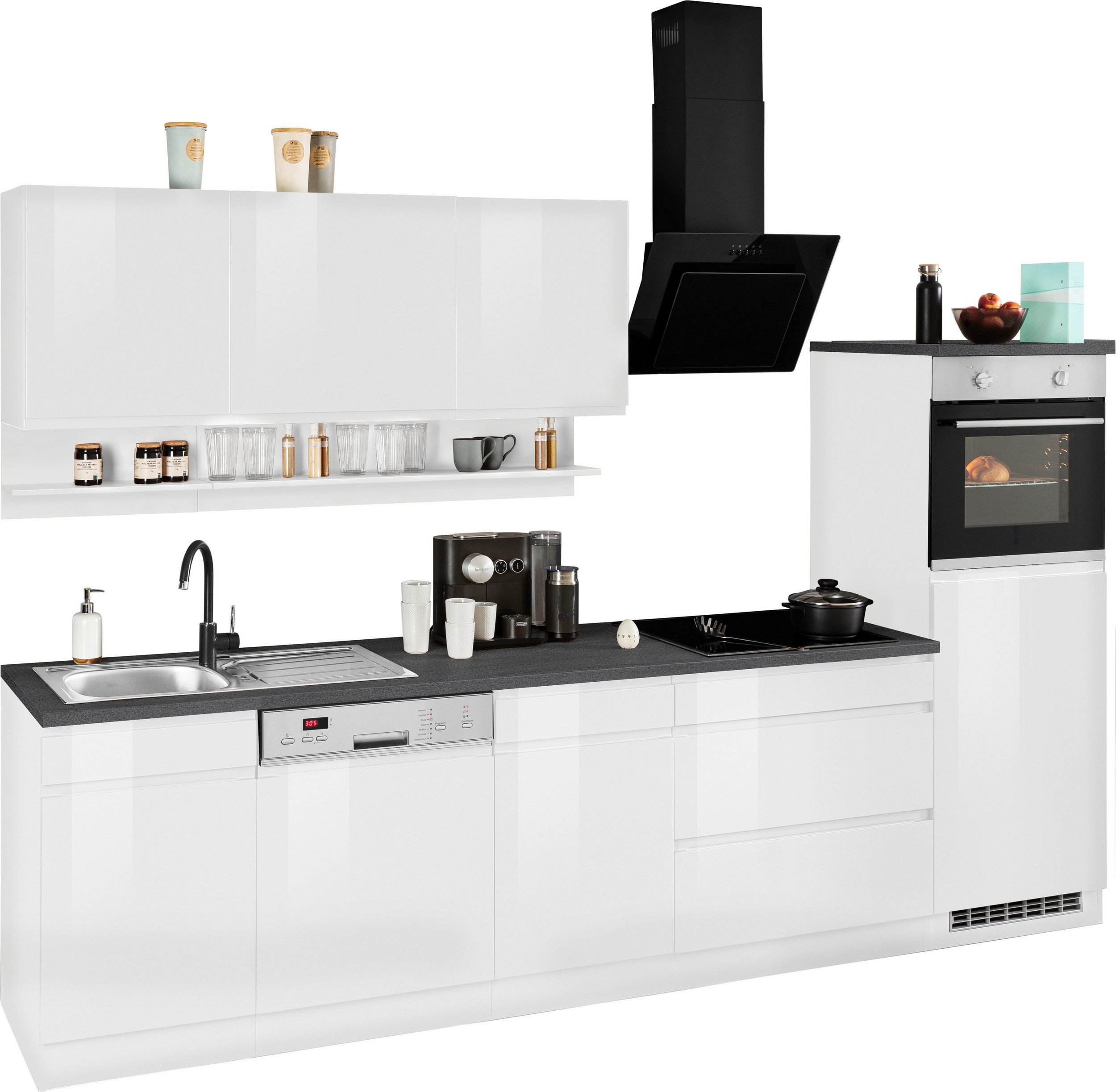 Küche , Küchenzeile , Küchenblock , Justine 300 cm , inclusive  Elektrogeräte und Spülbecken Edelstahl | KAP Möbel Shop